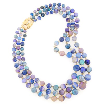 Lot 1184 - Triple Strand Opal and Crystal Bead Necklace with Tricolor Gold Clasp