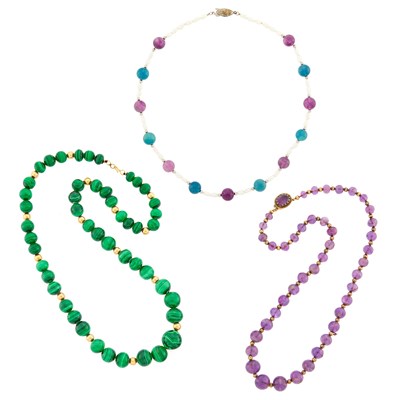 Lot 1257 - Group of Gold, Low Karat White Gold, Silver, Freshwater Pearl, Colored Stone and Hardstone Bead Necklaces