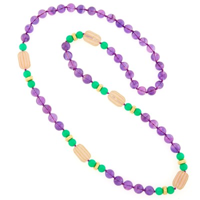 Lot 1223 - Long Amethyst, Carved Rose Quartz, Green Chrysoprase and Low Karat Gold Bead Necklace