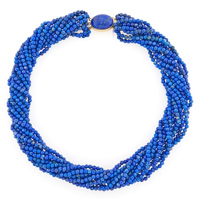 Lot 1194 - Multistrand Lapis Bead Torsade Necklace with Gold and Lapis Clasp