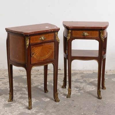 Lot 114 - Two Louis XV/XVI Transitional Style Marble Top Kingwood Side Tables