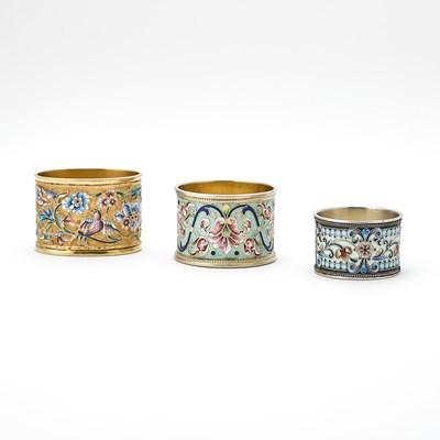 Lot 334 - Group of Three Russian Silver and Cloisonné Enamel Napkin Rings