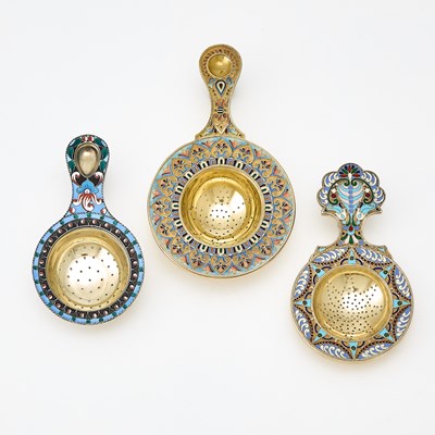 Lot 326 - Group of Three Russian and Soviet Silver and Cloisonné Enamel Tea Strainers