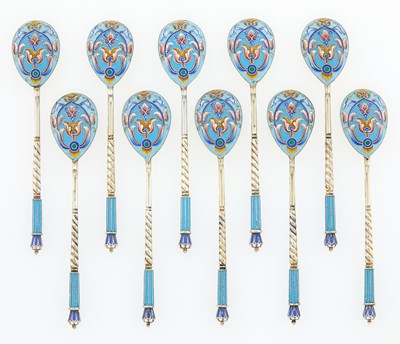 Lot 206 - Set of Ten Russian Silver and Cloisonné Enamel Teaspoons
