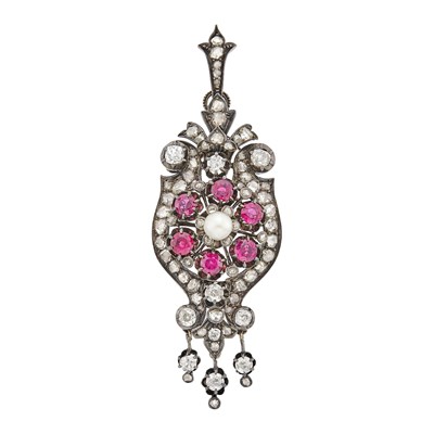 Lot 1066 - Antique Silver, Gold, Ruby, Pearl and Diamond Pendant-Brooch
