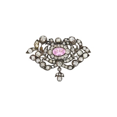 Lot 1063 - Antique Silver, Gold, Pink Topaz and Diamond Pendant-Brooch