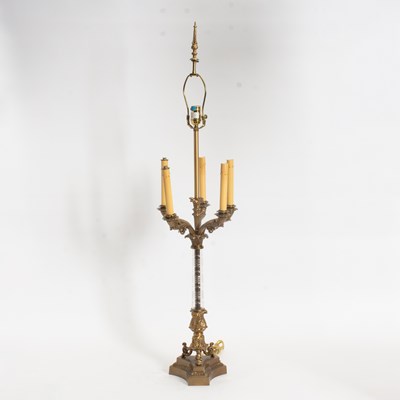 Lot 140 - Louis XVI Style Gilt Metal and Glass Five Light Candelabrum as a Lamp