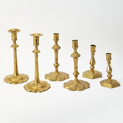 Lot 375 - Two Pairs of Queen Anne Brass Candlesticks