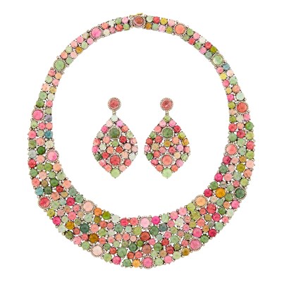 Lot 1074 - Silver, Cabochon Gem-Set and Diamond Necklace and Pair of Pendant-Earrings