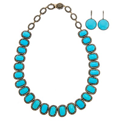 Lot 2302 - Silver, Low-Karat Gold, Turquoise Composite and Diamond Necklace and Pair of Blackened White Gold Earrings