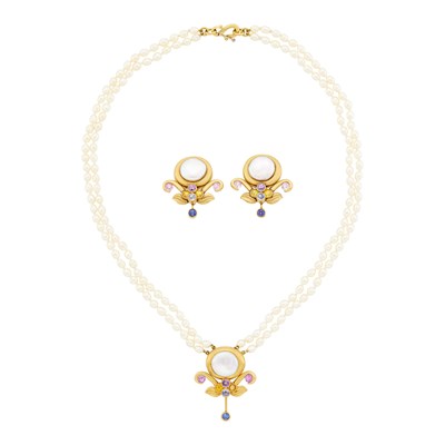 Lot 2235 - Diana Vincent Pair of Gold, Freshwater Pearl and Multicolored Sapphire Earclips and Necklace