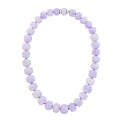 Lot 1059 - Lavender Jade Bead, White Gold and Diamond Necklace