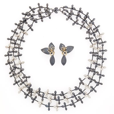 Lot 2284 - Diana Vincent Triple Strand Oxidized Silver, Platinum and Diamond 'Leaf' Necklace and Pair of Oxidized Silver and Gold Pendant-Earclips