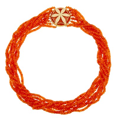 Lot 2251 - Multistrand Carnelian Bead Necklace with Gold, Orange Enamel and Diamond Clasp