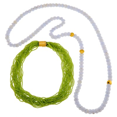Lot 2249 - Peridot Bead Torsade Necklace with Gold Clasp and Long Blue Lace Agate and Gold Bead Necklace