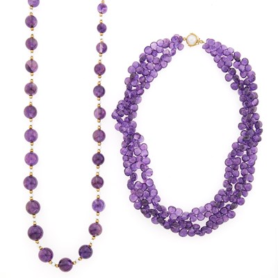 Lot 2213 - Long Amethyst Bead, Gold and Cultured Pearl Necklace and Double Strand Amethyst Bead Necklace with Gold and Mabé Pearl Clasp