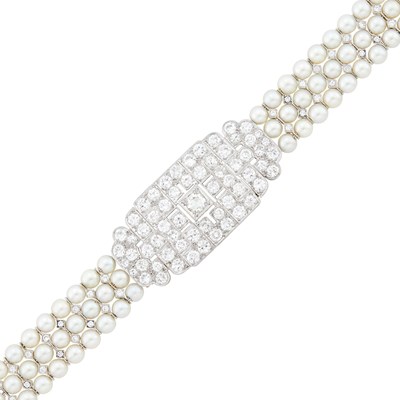 Lot 1158 - Triple Strand Cultured Pearl, Platinum and Diamond Bracelet