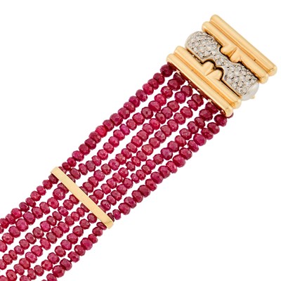 Lot 2243 - Six Strand Ruby Bead, Gold and Diamond Bracelet