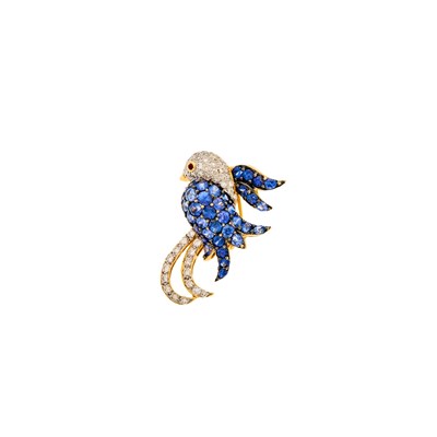 Lot 2085 - Two-Color Gold, Sapphire and Diamond Bird Brooch