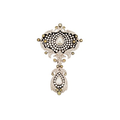 Lot 2087 - White Gold, Blackened Gold, Diamond and Colored Diamond Pendant-Brooch