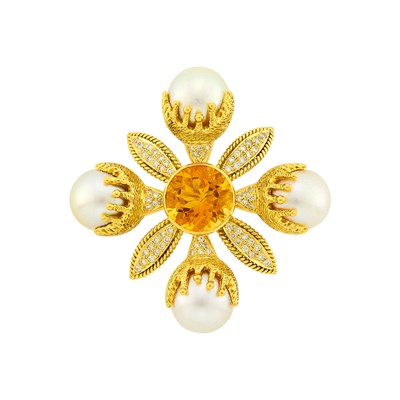 Lot 1030 - Gold, South Sea Cultured Pearl, Citrine and Diamond Brooch
