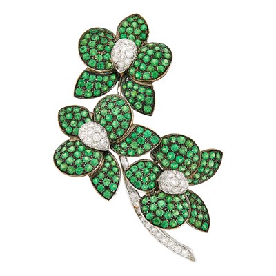 Lot 1075 - Craiger Drake White and Blackened Gold, Green Garnet and Diamond Flower Clip-Brooch