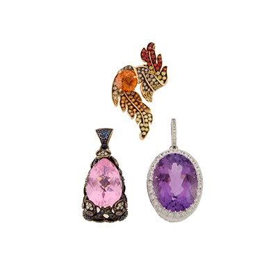 Lot 2286 - Three Blackened Gold, White Gold, Colored Stone, Pink Glass, Colored Diamond and Diamond Pendants
