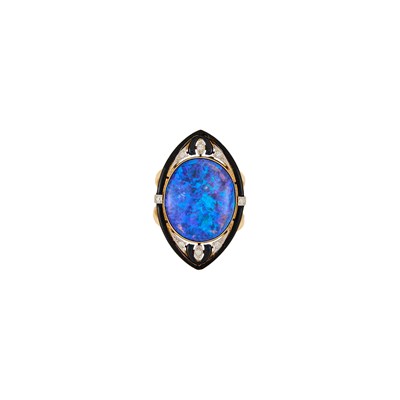 Lot 2059 - Gold, Platinum, Black Opal, Black Enamel and Diamond Ring