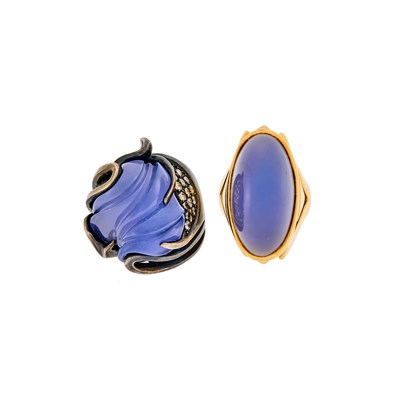 Lot 2247 - Diana Vincent Blackened Silver, Carved Chalcedony and Diamond Ring and Gold and Chalcedony Ring