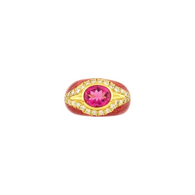 Lot 1103 - Gold, Pink Tourmaline, Diamond and Pink Enamel Ring
