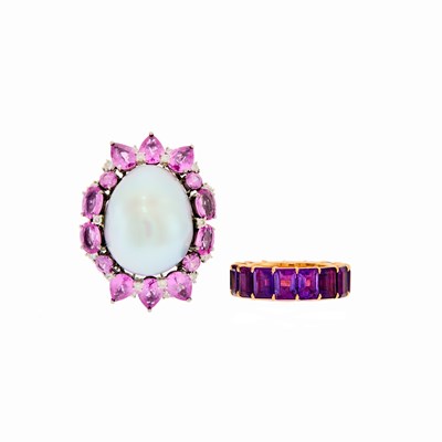 Lot 2239 - White Gold, Baroque Cultured Pearl, Pink Sapphire and Diamond Ring and Rose Gold and Amethyst Band Ring