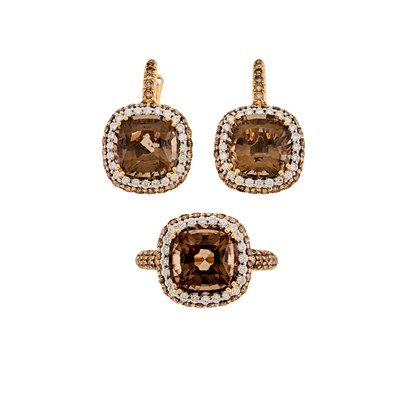 Lot 2065 - Gold, Smoky Quartz, Colored Diamond and Diamond Ring and Pair of Pendant-Earrings
