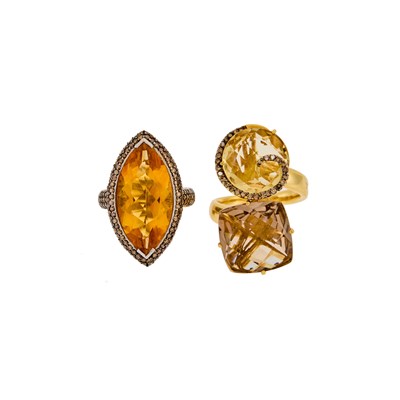 Lot 2256 - Two Gold, White Gold, Citrine, Smoky Quartz and Colored Diamond Rings