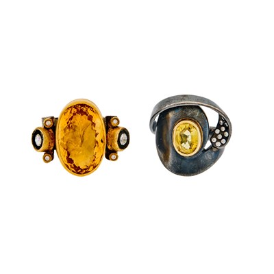 Lot 2252 - Two Blackened Silver, High Karat Gold, Gold, Citrine, Yellow Sapphire and Diamond Rings