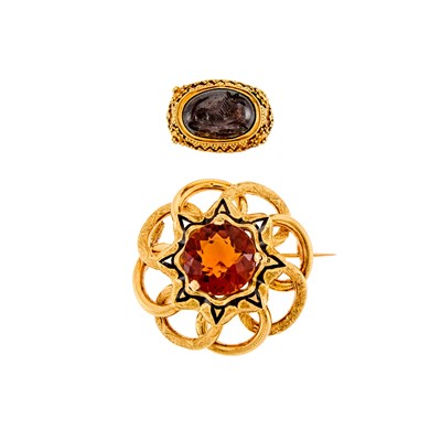 Lot 2164 - Antique Gold, Citrine and Enamel Brooch and Gold and Garnet Ring