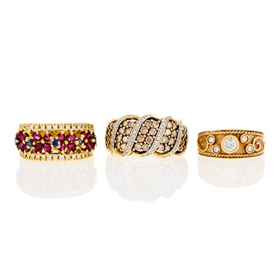 Lot 2073 - Three Gold, Diamond, Colored Diamond, Sapphire and Ruby Rings