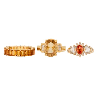 Lot 2250 - Three Gold, Citrine, Synthetic Orange Sapphire and Diamond Rings