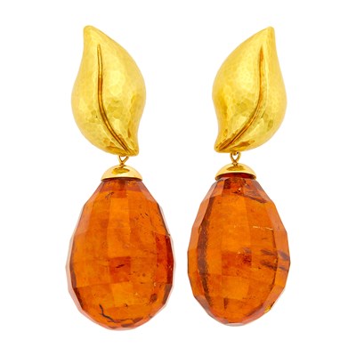 Lot 5 - Tiffany & Co. Paloma Picasso Pair of Hammered Gold and Amber Pendant-Earclips
