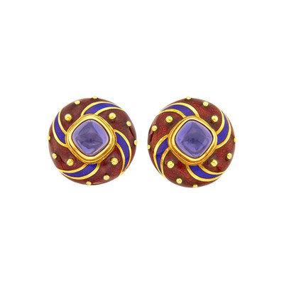 Lot 1130 - Pair of Gold, Cabochon Iolite and Enamel Earclips