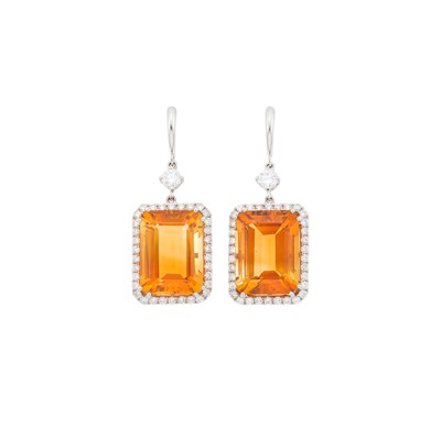 Lot 1087 - Pair of White Gold, Citrine and Diamond Pendant-Earrings