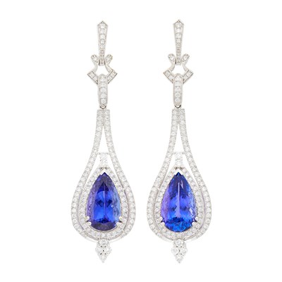 Lot 1089 - Pair of White Gold, Tanzanite and Diamond Pendant-Earrings