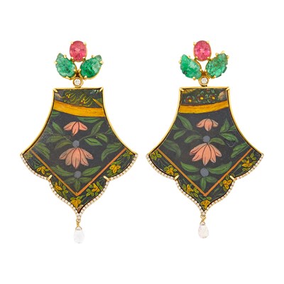 Lot 1105 - Silvia Furmanovich Pair of Gold, Inlaid Wood Marquetry, Gem-Set and Diamond Pendant-Earrings