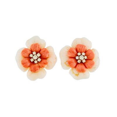 Lot 2004 - Pair of Gold, Carved Bicolor Coral and Diamond Flower Earrings