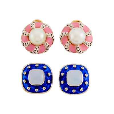 Lot 2091 - Two Pairs of Gold, White Gold, Enamel, Mabé Pearl, Chalcedony and Diamond Earclips