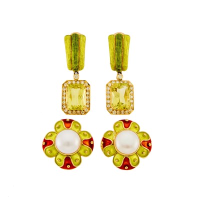 Lot 2227 - Two Pairs of Gold, Enamel, Mabé Pearl, Quartz and Diamond Pendant-Earrings