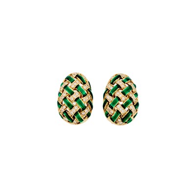 Lot 2041 - Pair of Gold, Green Enamel and Diamond Earclips
