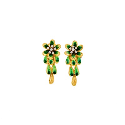 Lot 2269 - Pair of Two-Color Gold, Green Enamel and Diamond Pendant-Earclips
