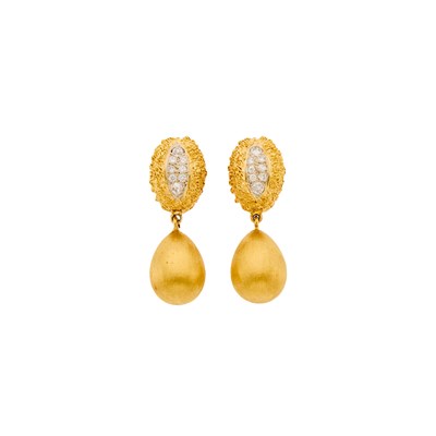 Lot 2052 - Pair of Two-Color Gold and Diamond Pendant-Earrings