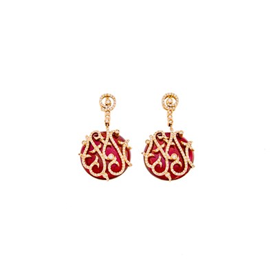 Lot 2217 - Pair of Rose Gold, Red Enamel and Diamond Pendant-Earrings