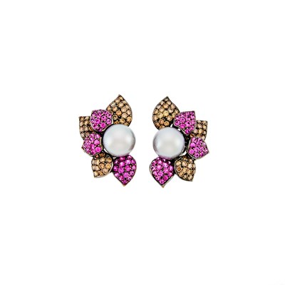 Lot 2241 - Pair of Blackened Gold, Cultured Pearl, Pink Sapphire and Colored Diamond Flower Earclips